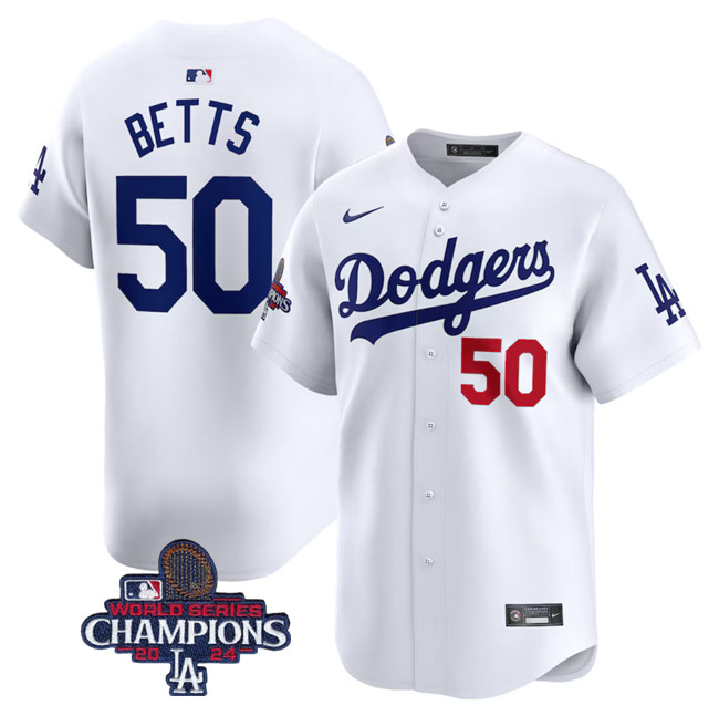Men's White Los Angeles Dodgers #50 Mookie Betts 2024 World Series Champions Home Limited Stitched Baseball Jersey